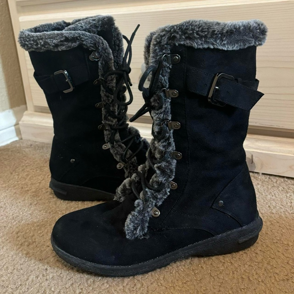 Black suede boots with grey faux fur trim winter boots